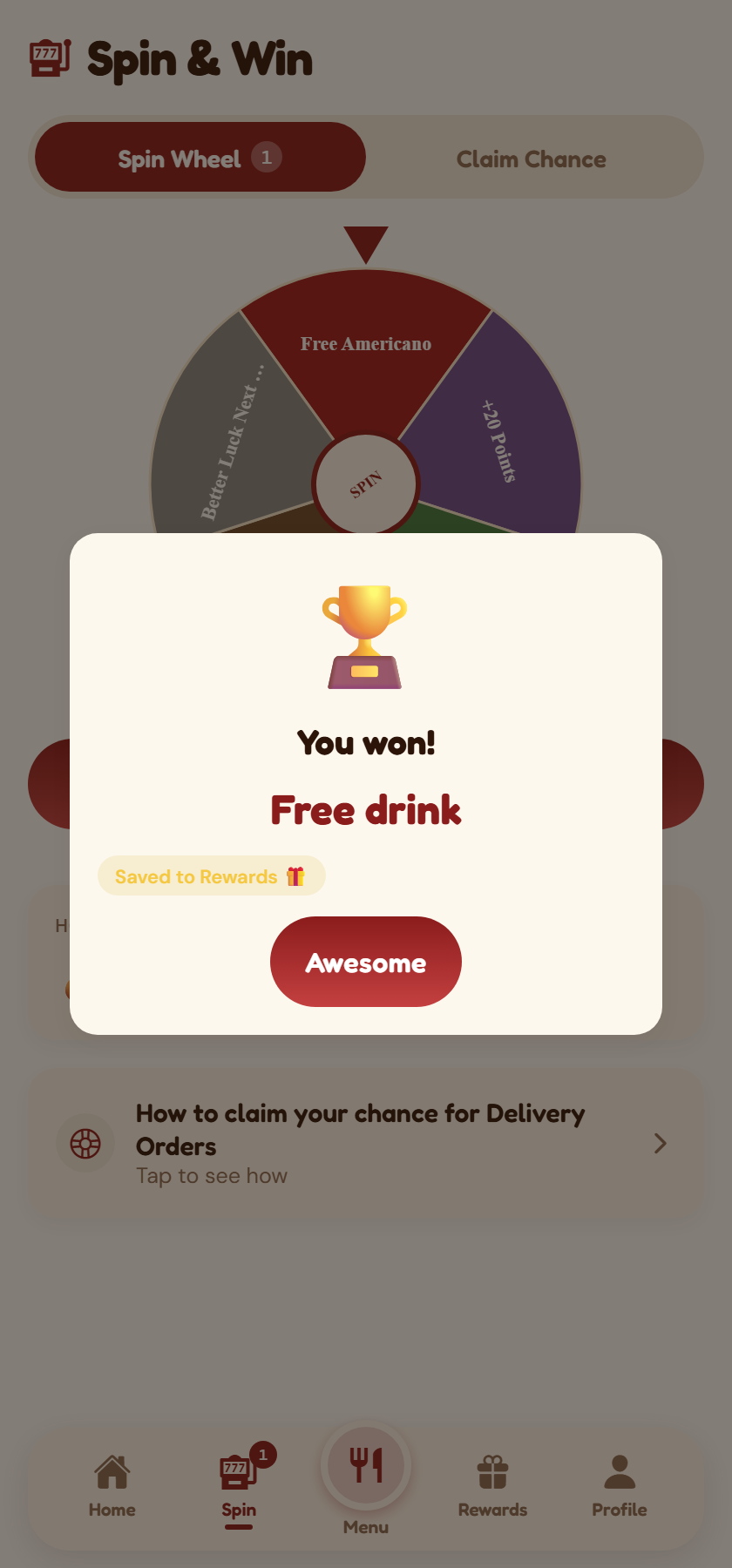 The wheel stopped on Free Americano