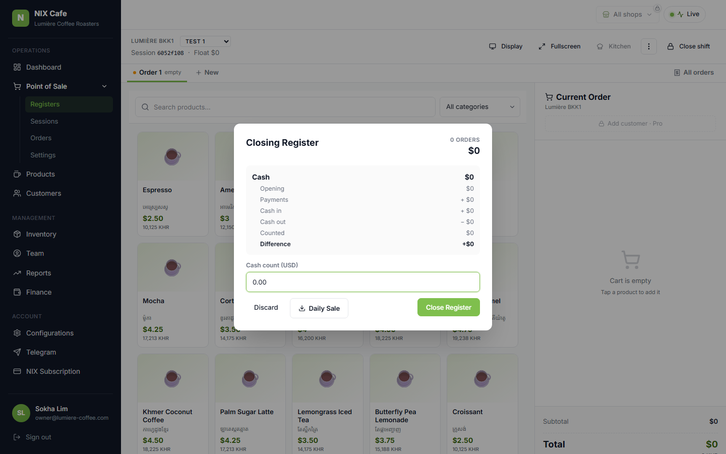 Fresh-shift close-shift dialog showing the new shape