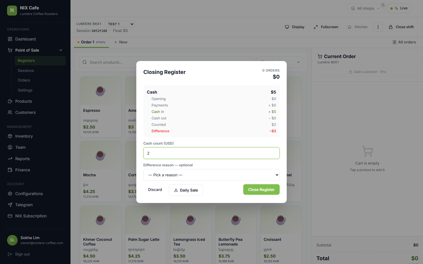 Cash with Difference: $2 counted against $5 expected → −$3 short