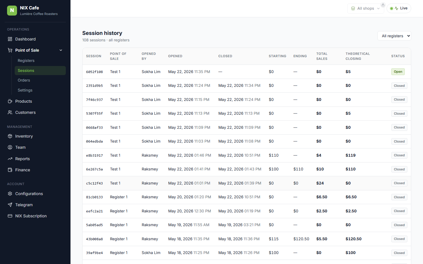 /cafe/pos/sessions with Total Sales column