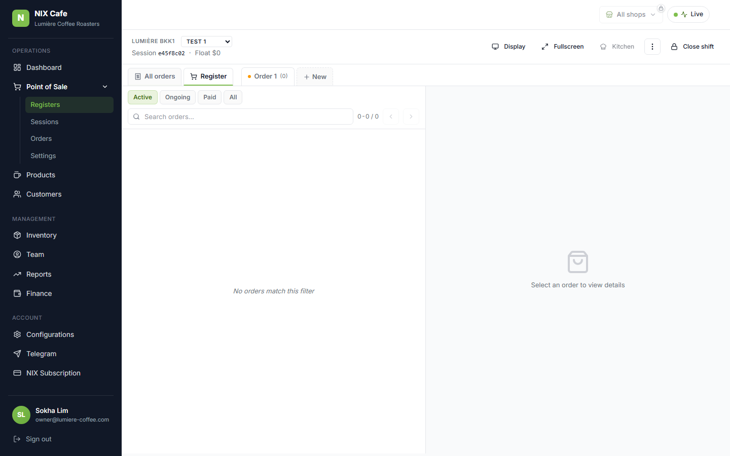 All Orders tab — empty state with status filter pills