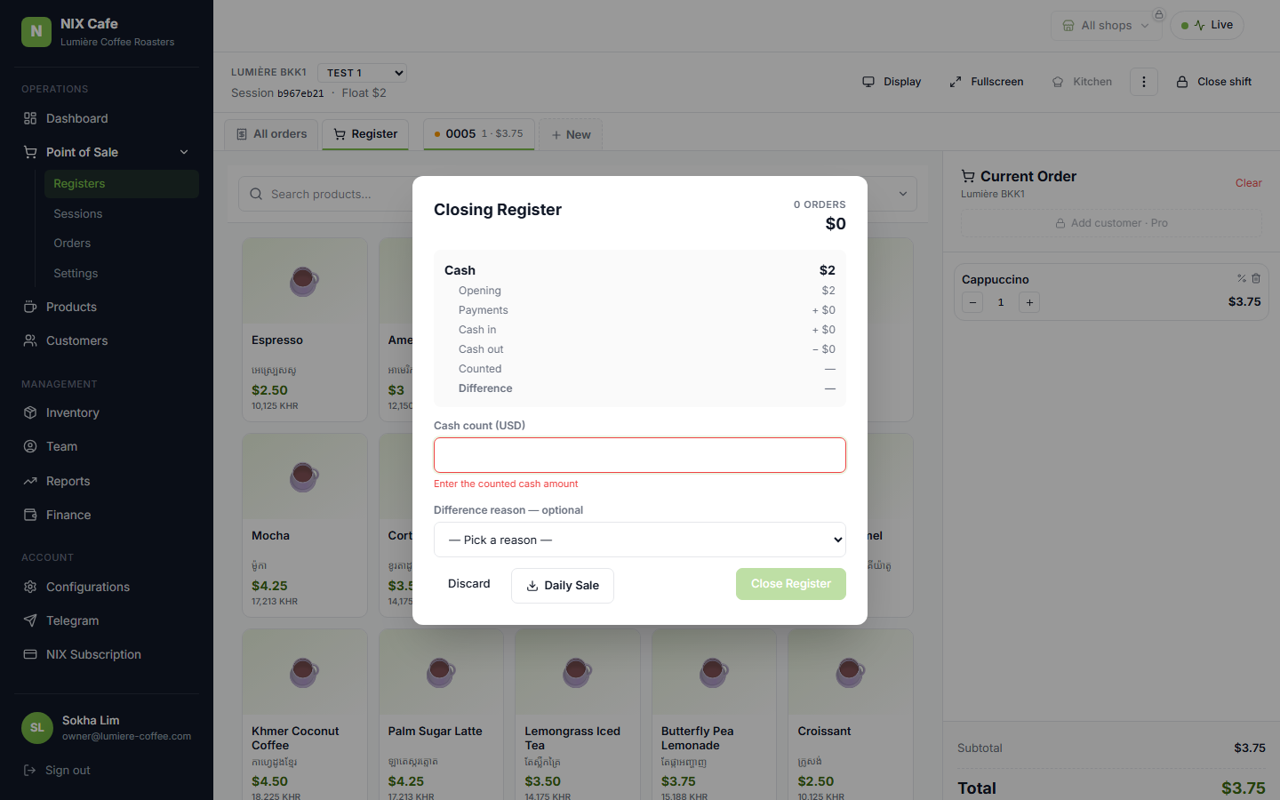 Empty cash → button disabled + error