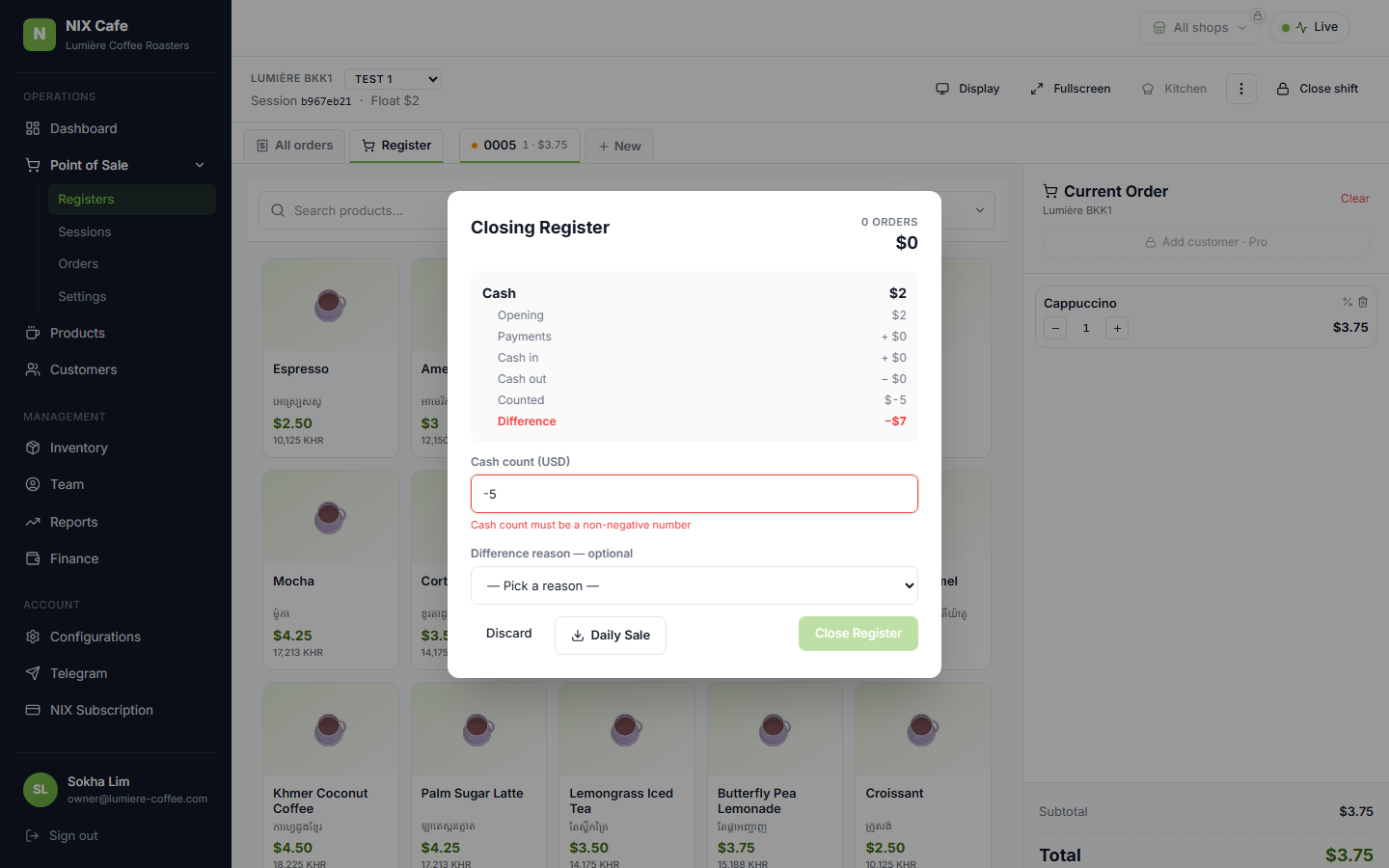 Negative cash → button disabled + error